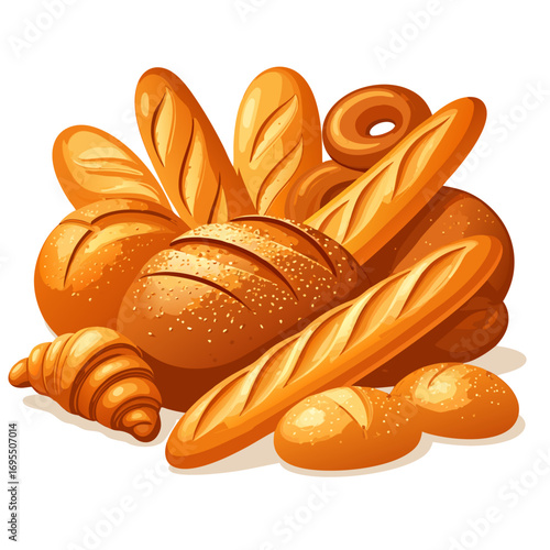 a vibrant digital illustration of assorted freshly baked breads including baguettes croissants and rustic loaves arranged artfully on a plain white background
