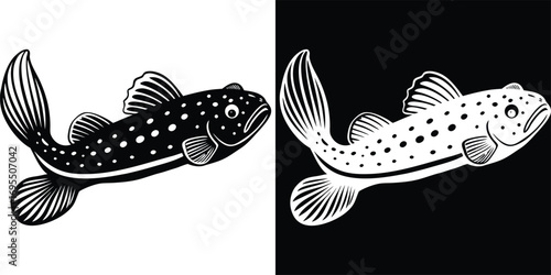 Captivating fish graphic in bold black and white contrast, perfect for aquatic themes and design projects.
