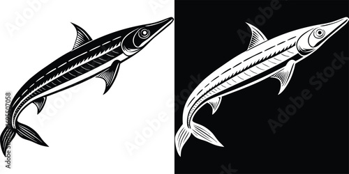 Dynamic barracuda fish silhouette, a powerful predator ready to strike, perfect for marine or sport fishing themes