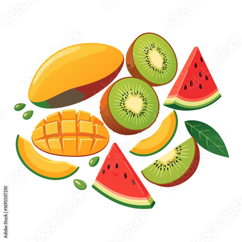 colorful sliced mango kiwi watermelon fruit arranged on white background for healthy eating and nutrition concept
