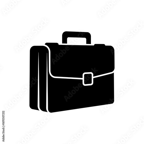 A 3d black leather briefcase icon with a silver lock and handle, isolated on a white background