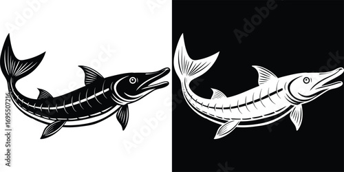 Striking graphic of a barracuda fish in bold black and white, perfect for aquatic themes and logos