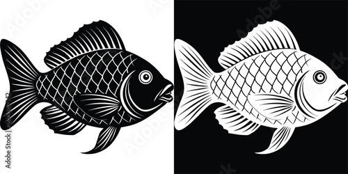 Bold black and white fish illustration, a striking graphic for aquatic themes and designs