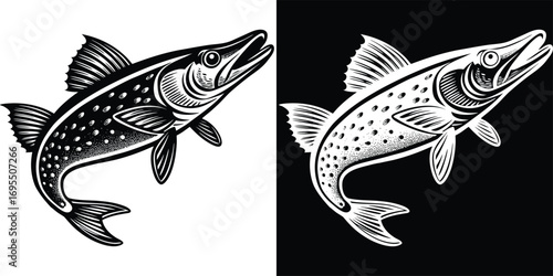Dynamic monochrome illustration of a powerful pike fish leaping, perfect for fishing and outdoor brands