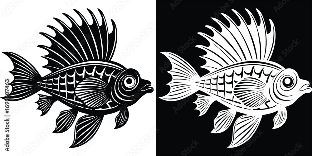 Fototapeta premium Striking black and white stylized fish illustration perfect for aquatic themes, logos, and decorative designs