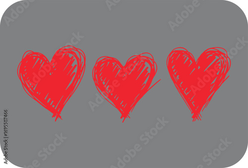 Three hand drawn red hearts with a textured scribbled appearance on a soft grey background with rounded corners symbolizing love and affection
