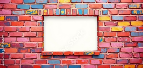 Wallpaper Mural Vibrant painted brick wall, stylized window cutout, interior, urban Torontodigital.ca