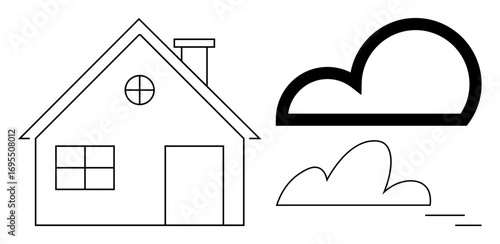 Simple house with chimney, circular and rectangular windows next to a bold outlined cloud and smaller cloud. Ideal for real estate, home, weather, comfort, shelter, outdoor stability themes. A