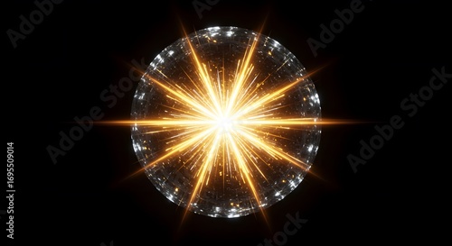 Bright Golden Spark Explosion Inside Transparent Sphere on Black Background