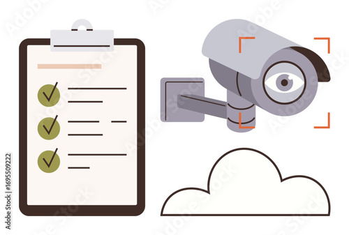 Surveillance camera monitoring with focus, checklist containing tasks, and cloud symbolizing connectivity. Ideal for security, organization, monitoring, planning, technology, data remote work