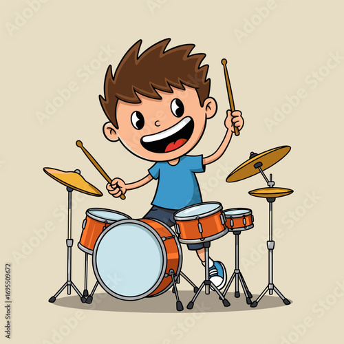 Cartoon child with spiky brown hair joyfully playing a drum set, wearing a blue shirt, blue shorts, and blue sneakers, with a wide smile on a beige background.
