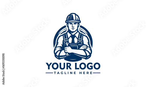 Illustration of a construction worker with arms crossed, wearing a hard hat and overalls, within a circular frame.