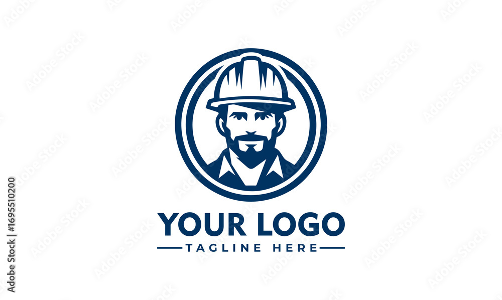 Fototapeta premium A logo design featuring a construction worker in a hard hat, circular design, and place for company name and tagline.