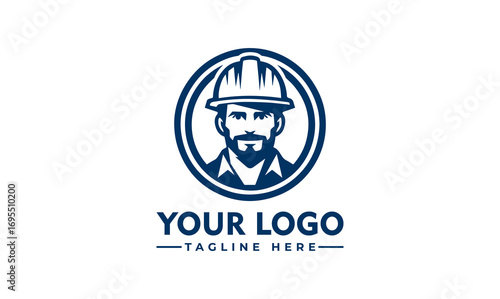 A logo design featuring a construction worker in a hard hat, circular design, and place for company name and tagline.