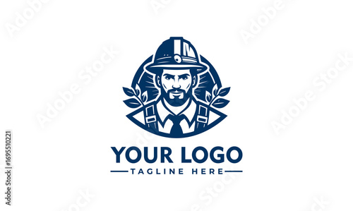 A stylized logo featuring a bearded man in a hard hat and backpack, encircled by leaves, representing a rugged professional.