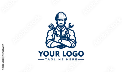 Illustration of a confident construction worker with crossed arms, wearing a hard hat and holding wrenches.