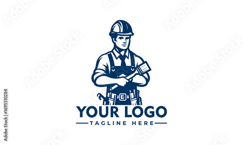A logo design featuring a construction worker holding tools, with a place for a company name and tagline.