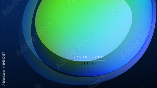 Abstract background features layered, blurred circles. Gradient transitions from blue to green create dynamic visual effect. Minimal text present.