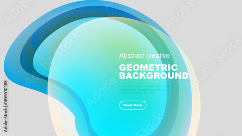 Abstract fluid shapes overlap, creating vibrant geometric background. Text block, button present. Modern design elements visible.