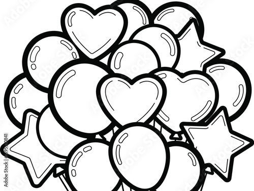 Black and white line art illustration of a festive balloon arrangement design