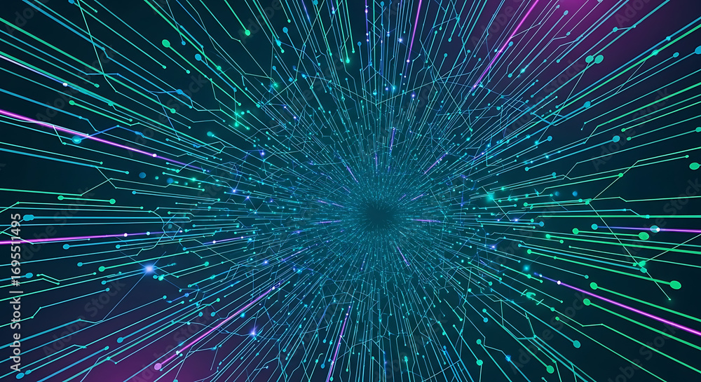 Obraz premium Abstract digital art representing data flow or network connection with glowing lines and particles in a tunnel effect