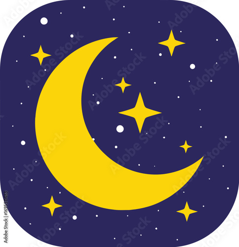 Crescent moon and stars in a night sky illustration with a dreamy and peaceful feel