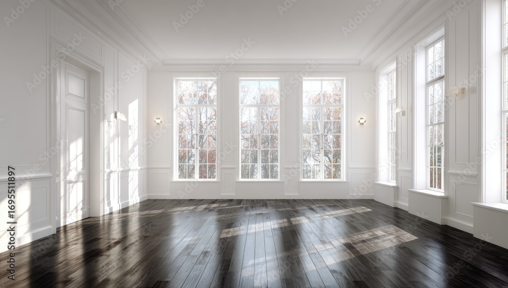 Fototapeta premium A sunlit, spacious, empty room with large windows