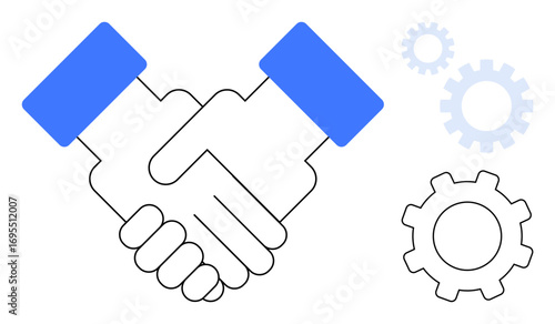 Two hands shaking symbolizing agreement, teamwork, and partnership. Accompanied by gears representing collaboration, workflow, and progress. Ideal for business, cooperation, strategy partnership