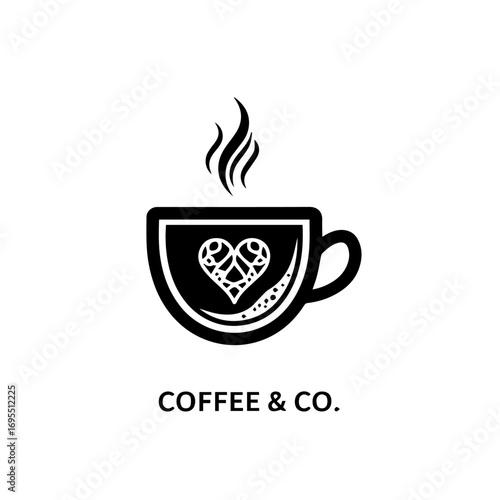 Creative coffee and company logo design with a heart inside a steaming cup of coffee