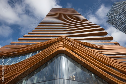 A striking modern skyscraper boasts a dynamic facade of flowing, warm-toned panels, rising against a clear, partly cloudy sky.