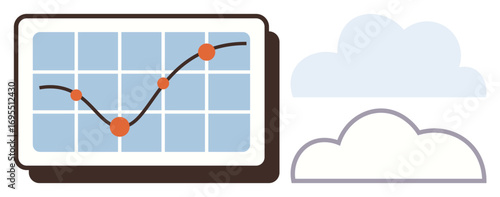Graph with data points on screen illustrates growth trends against a grid adjacent clouds hint at storage or technology. Ideal for data analysis, cloud computing, statistics, growth, forecasting
