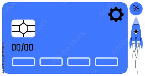 Credit card with chip and futuristic elements thumbs up rocket, gear, and percentage symbol. Ideal for finance, banking, payment, innovation, technology startup and progress themes. Clean flat