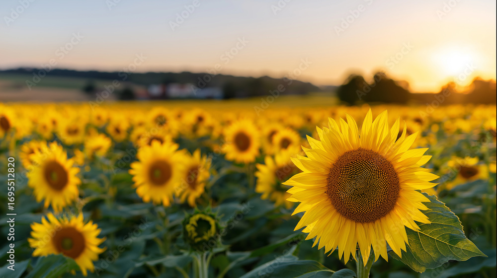 Fototapeta premium Bright yellow sunflowers blooming in field at sunset. 