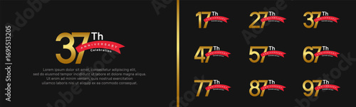 set of anniversary logo style red ribbon. vector design gold color for celebration