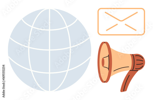 Globe symbolizing connectivity with email and megaphone for communication, marketing, and message sharing. Ideal for global outreach, networking, advertising, digital media, messaging, integration