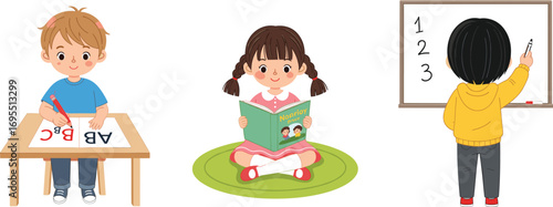 Children studying and learning, boy writing alphabet, girl reading book, kid practicing numbers on board, school education, classroom activity, academic growth