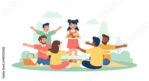 A group of people at a picnic gathering around a girl with food for them to enjoy