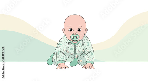 A happy baby crawling on the floor with a pacifier in his mouth vector illustration