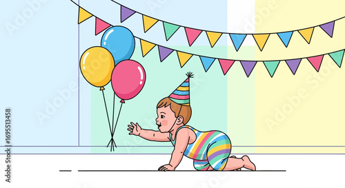 A happy baby crawling with balloons in a party environment with festive decor