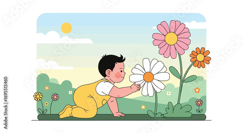 A happy baby crawling towards flowers on a sunny day in a beautiful garden