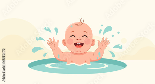 A happy baby enjoying a bath time and playing with water in splash, cartoon vector illustration
