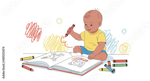 A happy baby drawing and coloring with crayons in a coloring book illustration