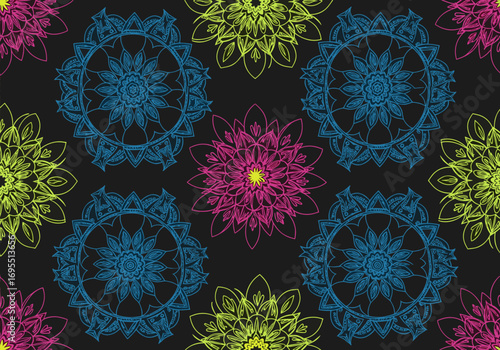 A pattern of colorful intricate mandalas graces a dark background with decorative flourishes