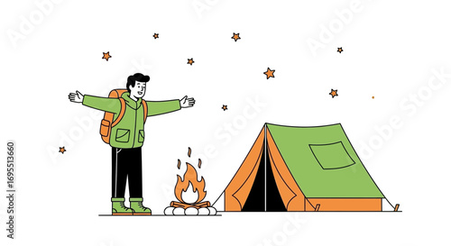A happy camper enjoying the night near his tent surrounded by stars and his campfire