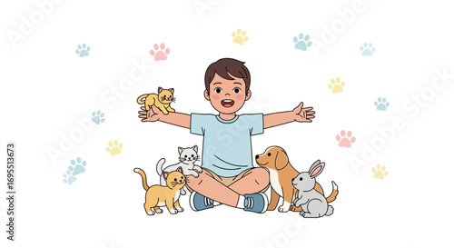 A happy boy surrounded by his lovely pets, cats, a dog and a rabbit illustration