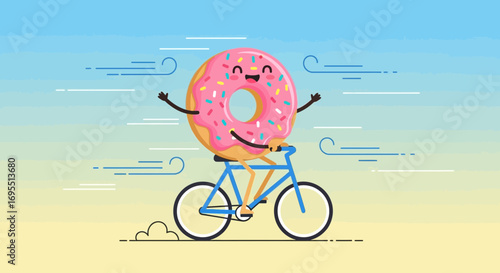A happy cartoon donut character riding a bicycle with joy on a beautiful sunny day