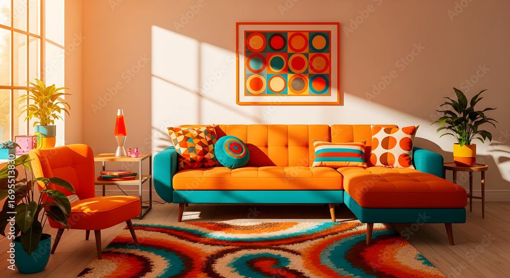 Fototapeta premium Vibrant living room decor in a retro style with colorful furniture and plants