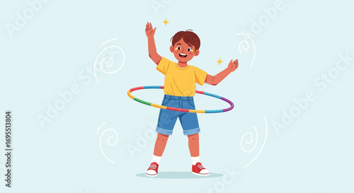 A happy child playing happily with a colorful hula hoop in a joyful illustration