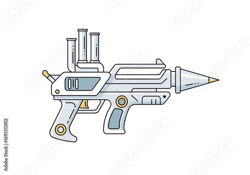 Retro futuristic sci fi ray gun weapon device illustration with tubes and cone shaped barrel