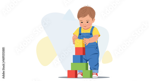 A happy child playing with building blocks in a colorful illustration